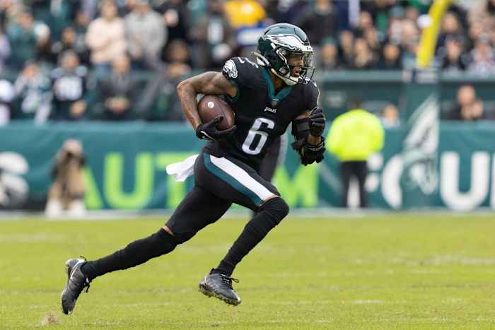 Nov 21, 2021; Philadelphia Eagles wide receiver DeVonta Smith (6) in action against the New Orleans Saints. Mandatory Credit: Bill Streicher-USA TODAY